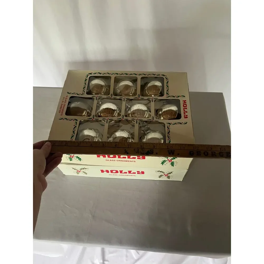 Vintage Holly Glass Christmas Ornaments 2 Boxes of 10 Large 2 5/8 in USA